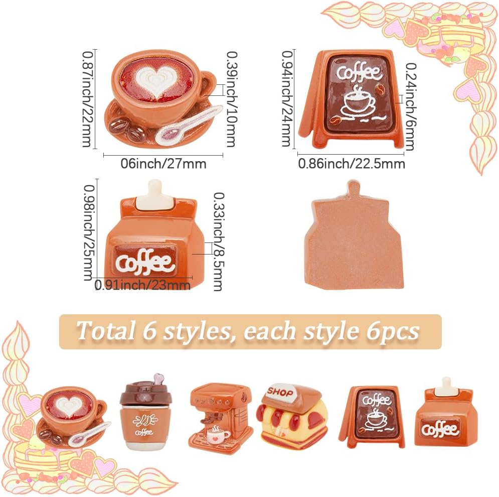 SUNNYCLUE 1 Box 36Pcs 6 Styles Coffee Resin Charms Cute Cabochons Flatback Bulk Colorful Sweet Assorted Cafe Charms for Jewelry Making Diy Craft Decorations Scrapbooking Embellishments Hair Clip Women - Image 2