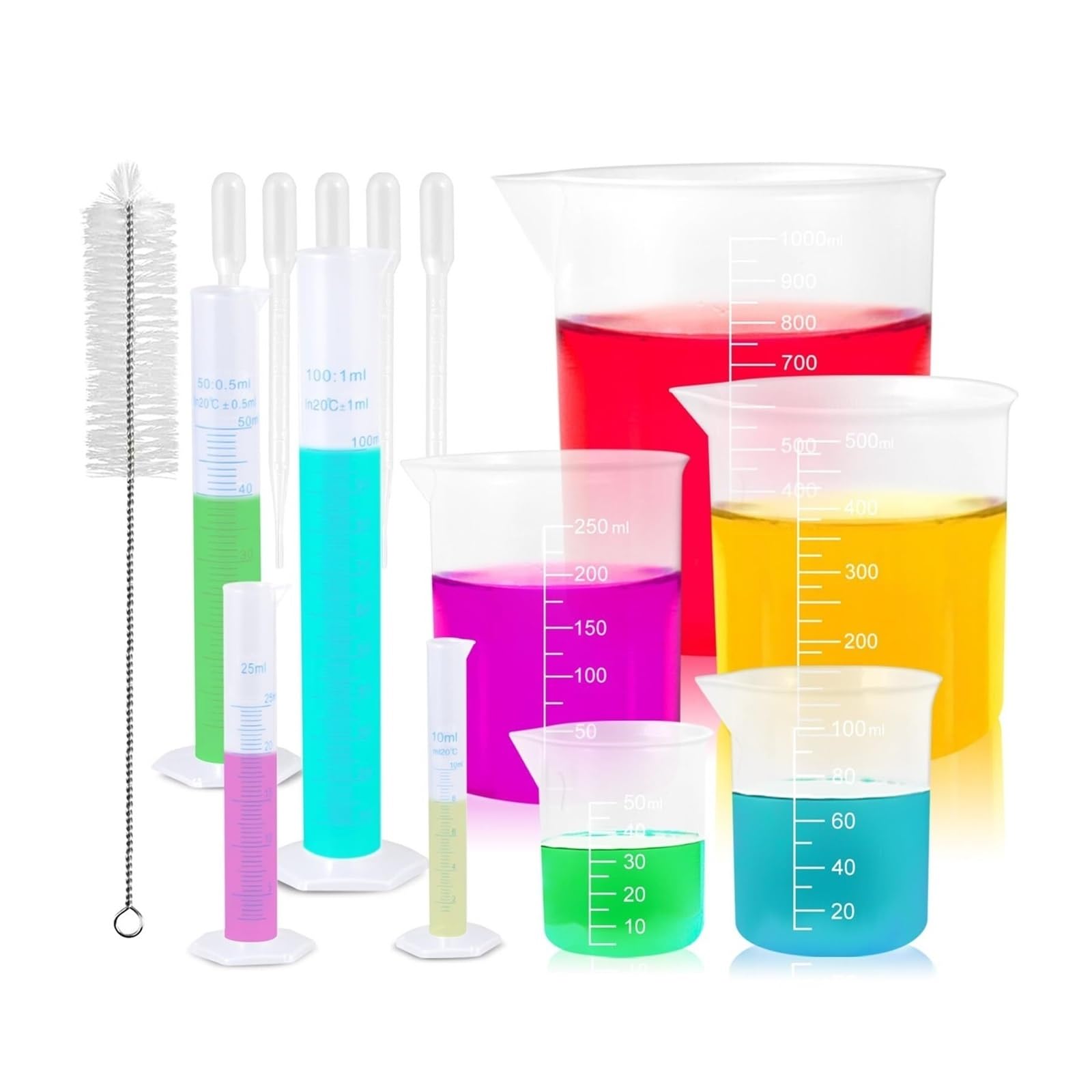 Set de 15 Piezas Cilindros Graduados y Vasos de Plástico con Pipetas y Cepillo – Herramientas de Medición Científica para Laboratorio y Cocina