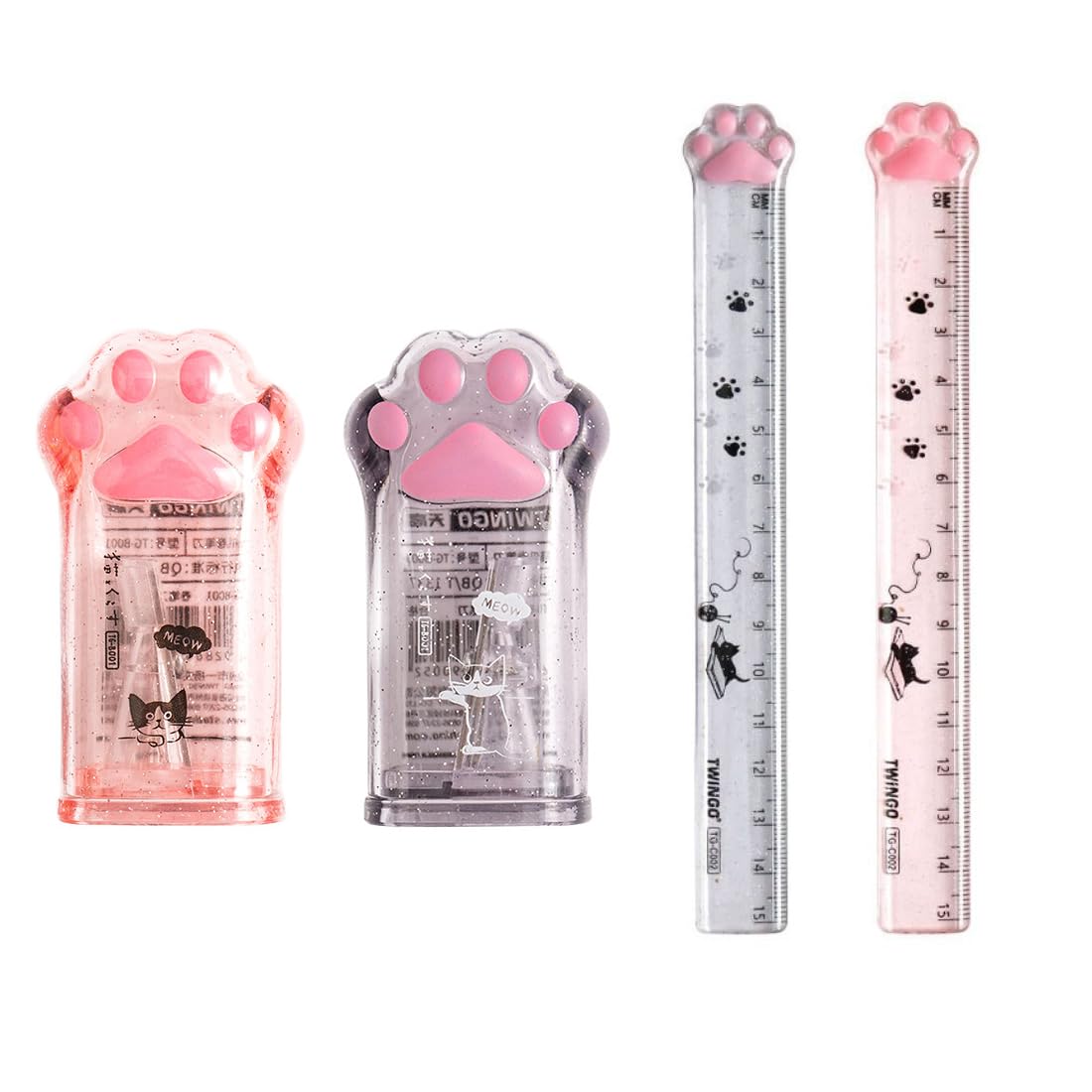 LYITZW 2 Piezas gobernante, 2 Piezas sacapuntas de Dibujos Animados, para medir, subrayar y trazar líneas claras y precisas, Regla en Forma de Pata de Gato, Juego de papelería de Pata de Gato