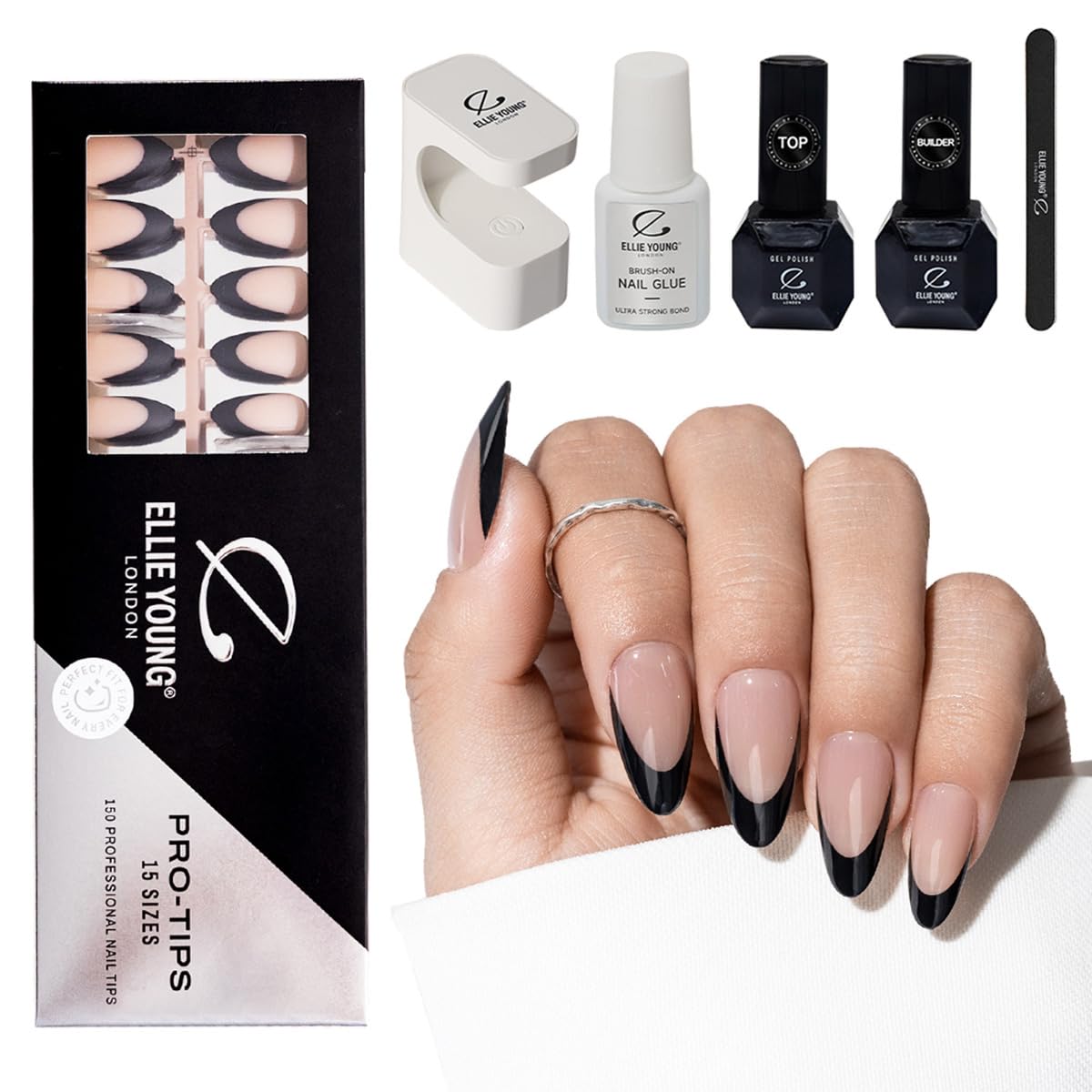 Pro-Tips, 150 unghie a pressione per unghie nere a mandorla media, 15 misure, extension per unghie in gel acrilico per fai da te, feste, matrimoni (set), colore mandorla media francese