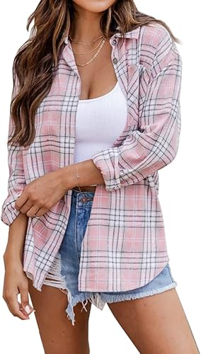 NUOREEL Women's Flannel Plaid Shirt, Boyfriend Fit Long Sleeve Button Down Casual Blouse with Pocket