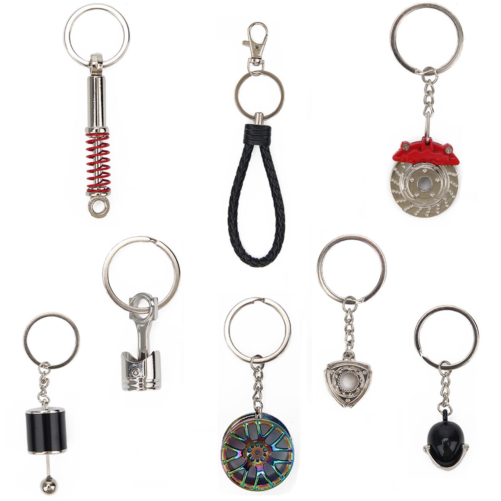 Windspeed 8 PCS Car Parts Model Key Chains Set, Piston Red Brake Rotor Shift Keyring, Rim Helmet Spring Shock-absorber Rotor Keychain