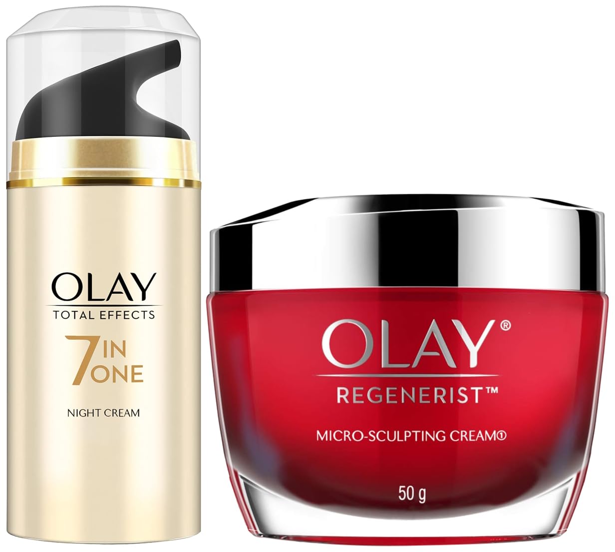 Olay Day Cream Regenerist Microsculpting Moisturiser (NON SPF), 50g & Olay Night Cream Total Effects 7 in 1, Anti-Ageing Moisturiser, 50g