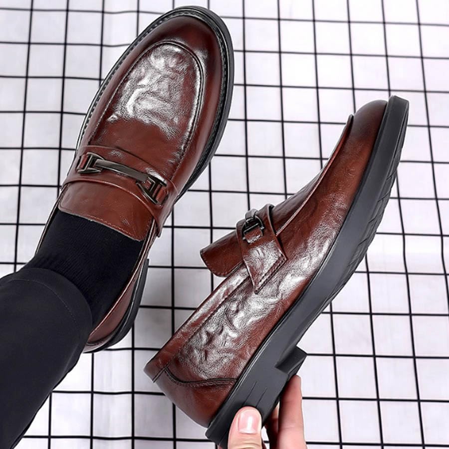 Men's Leather Penny Loafers Business Formal Round Toe Comfortable Chunky Heel Platform Wedding Workplace Shoes3