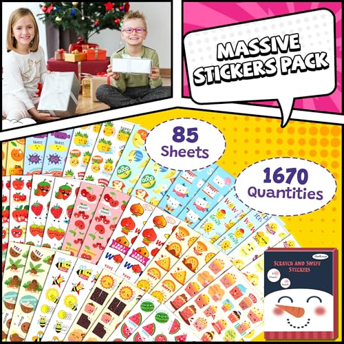 HORIECHALY Scratch and Sniff Smelly Stickers for Kid, 85 Sheets 17 Scents Large Pack, Scented Reward Stickers with Cute Pattern and Positive Word for Classroom, Teacher, Students