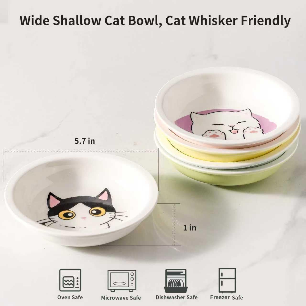 Ceramic Cat Bowls Set - 5.7 inch Wide Cat Food Bowl Whisker Fatigue Friendly, 5 Colorful Kitten Dish Plates with Cute Pattern for Wet and Dry Food Water and Small Pet