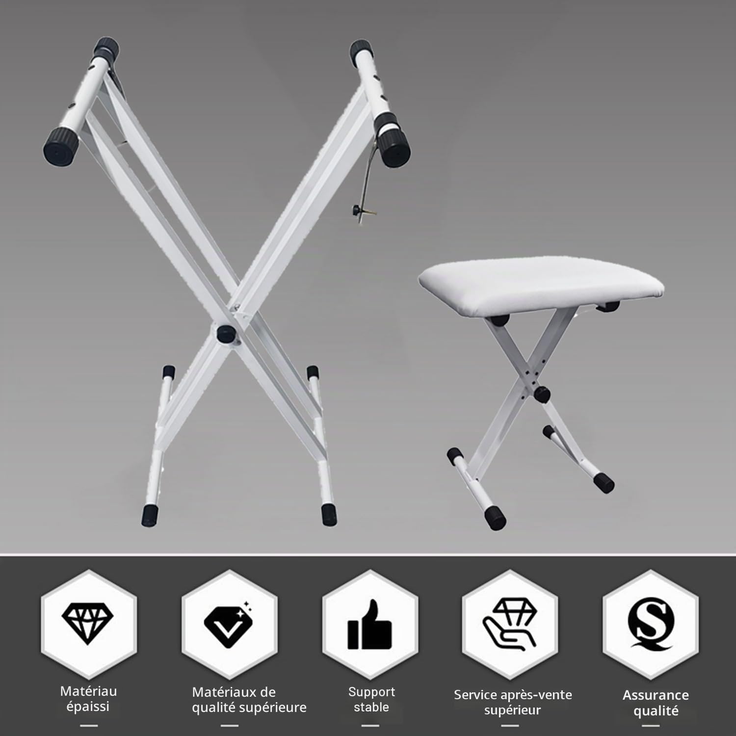 Support De Clavier Et Banc De Clavier Set,Support Pour Clavier Et Tabouret Pour Piano En Double x,Support Pour Clavier Réglable En Hauteur Sur 7 Niveaux Et Tabouret De Piano Réglable 4 Niveaux(Blanc)