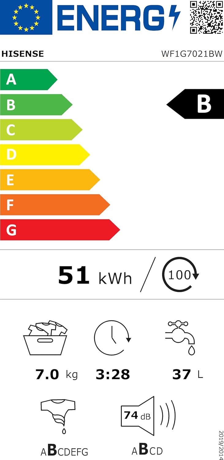 Hisense WF1G7021BW Energy Label showing Class B efficiency, 7kg capacity, 51 kWh/100 cycles, 37L water, 74dB noise.