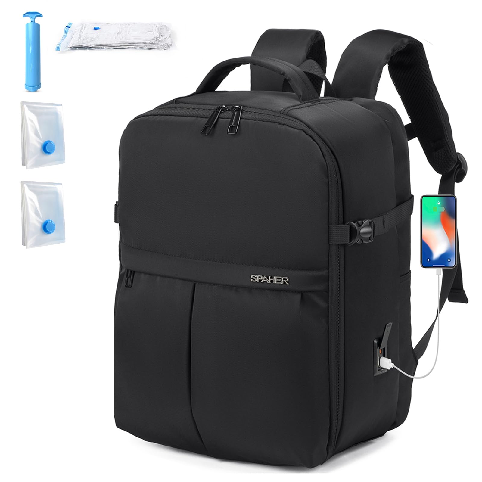 SPAHER 25L Plecak Podróżny Kabiny Samolotu 40x30x20cm Wizzair Szkolny Plecak na Laptopa 15,6 z Portem Łdowania USB i 2 Torbami Próżniowymi Mężczyzna Duży Antykradzieżowy Kobieta Wodoodporny