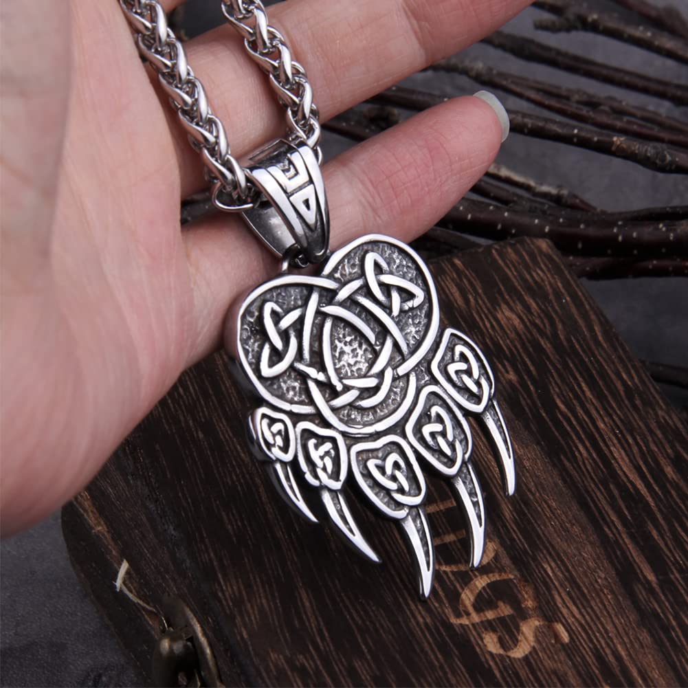 Fandao Viking Totem Bear Paw Stainless Steel Men's Necklace Norse Celtic Pagan Bear Claw Vintage Pendant Necklace with Wooden Box
