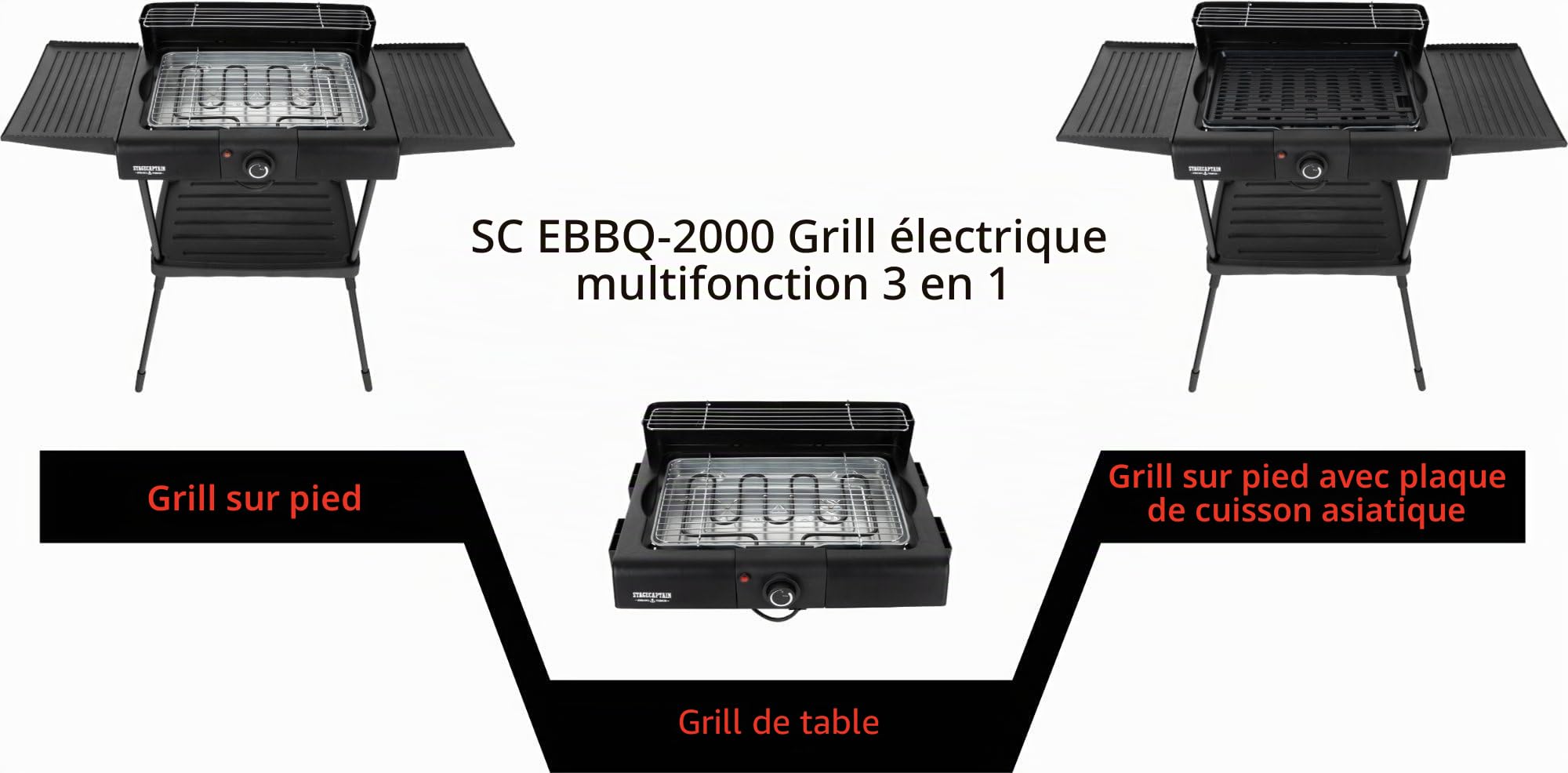 Stagecaptain EBBQ-2000 Grill Électrique 2000W 3en1 - Table/Pied, Grille & Plaque, Intérieur/Extérieur, Antiadhésif, Bac à Graisses, Réglage Continu.