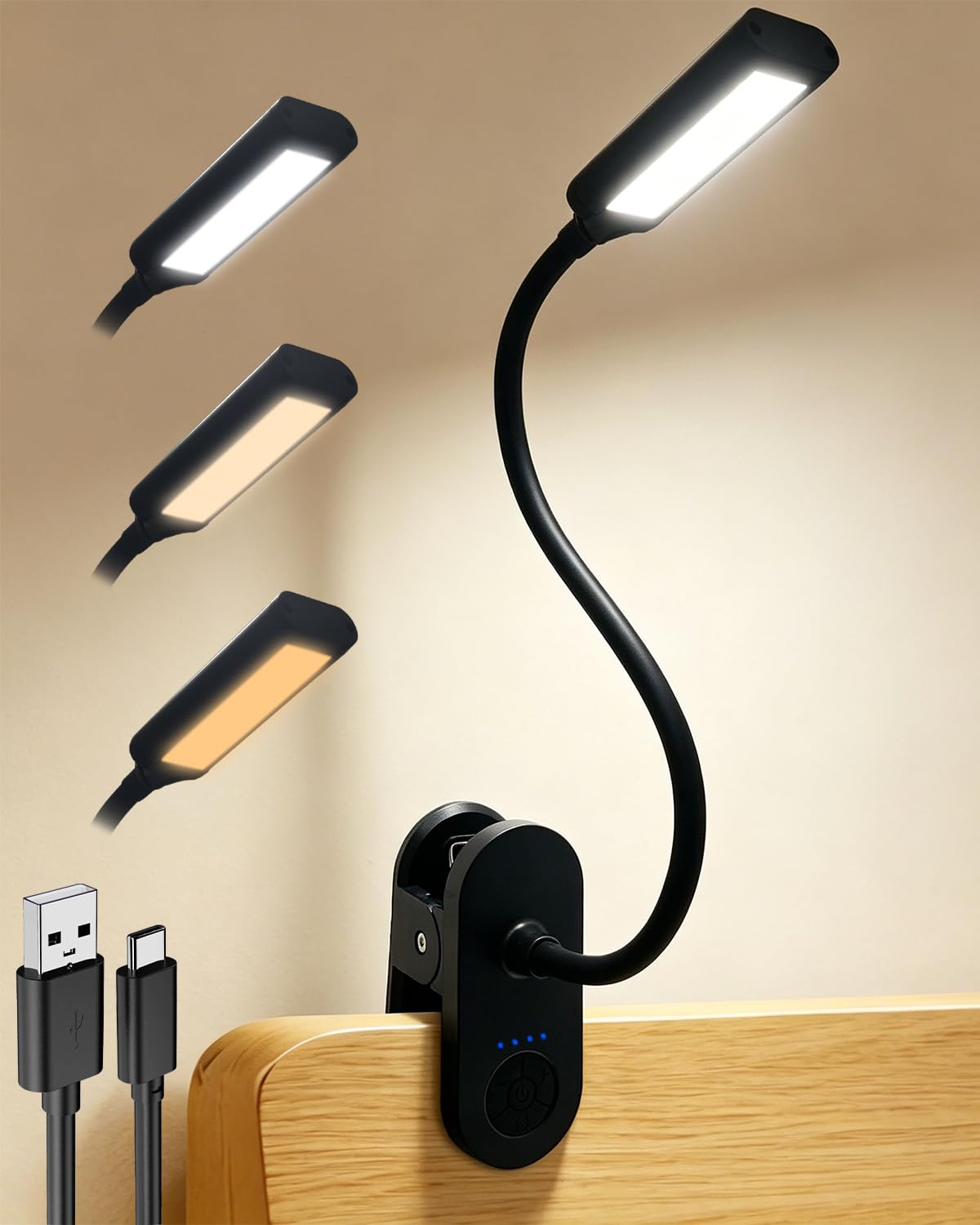 Clip on Light, Cordless Reading Light for Bed, Office, Study, Craft (Black)