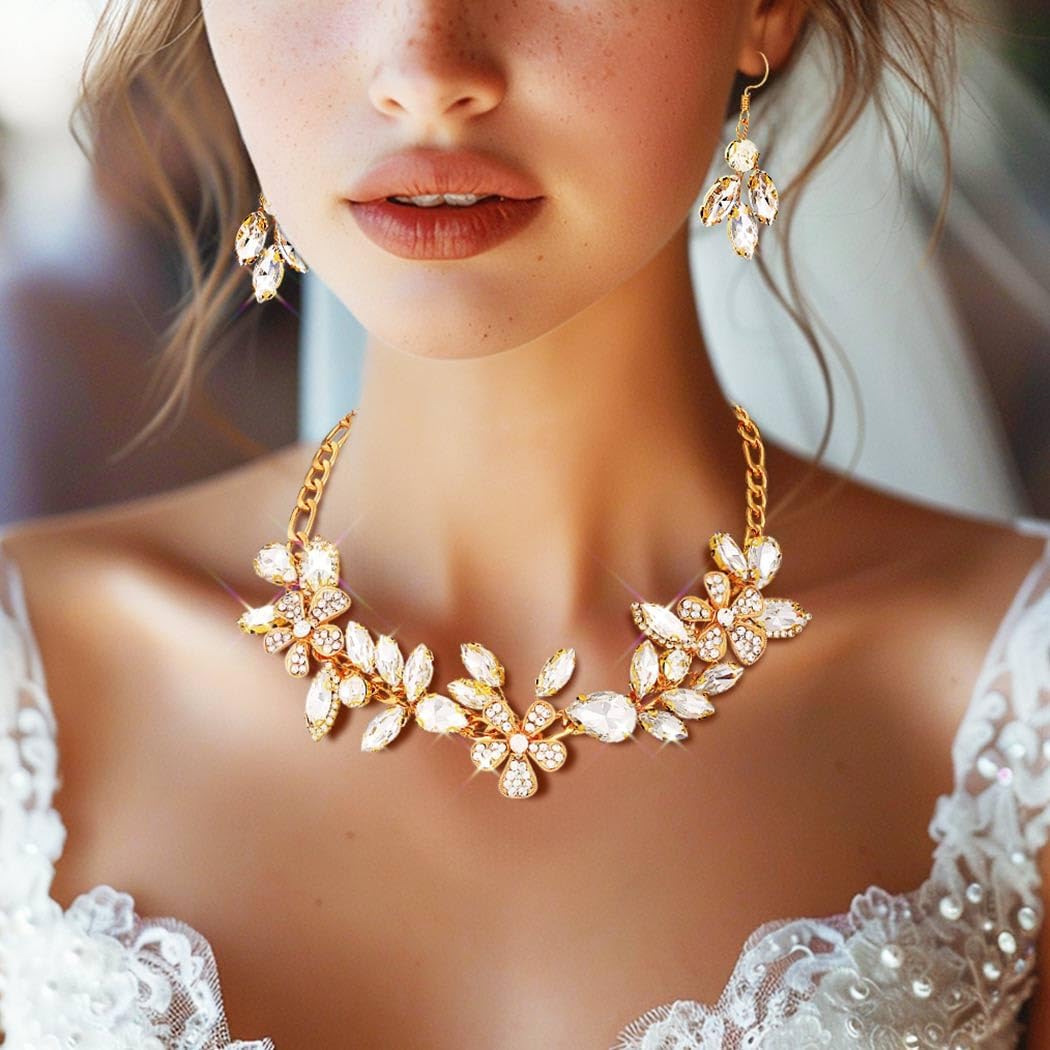 ACEDRE Rhinestone Bridal Jewelry Set Gold Wedding Necklace and Earrings Sets Sparkly Flower Prom Costume Brides Accessories for Women - Image 5