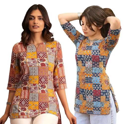Image of Pinkmint Women's Cotton Blend Printed Short Kurti, Hip-Length Ethnic Tunic for Women, 3 /4 Sleeve Notch Neck, Casual, Office (Available in Plus Sizes & Combo Pack 2)