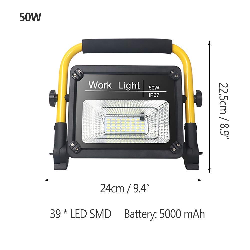 Luz de trabajo LED recargable, 50 W, 39 LED, para exteriores, impermeable, foco de emergencia, lámpara de mano portátil de 360° para camping, pesca, seguridad
