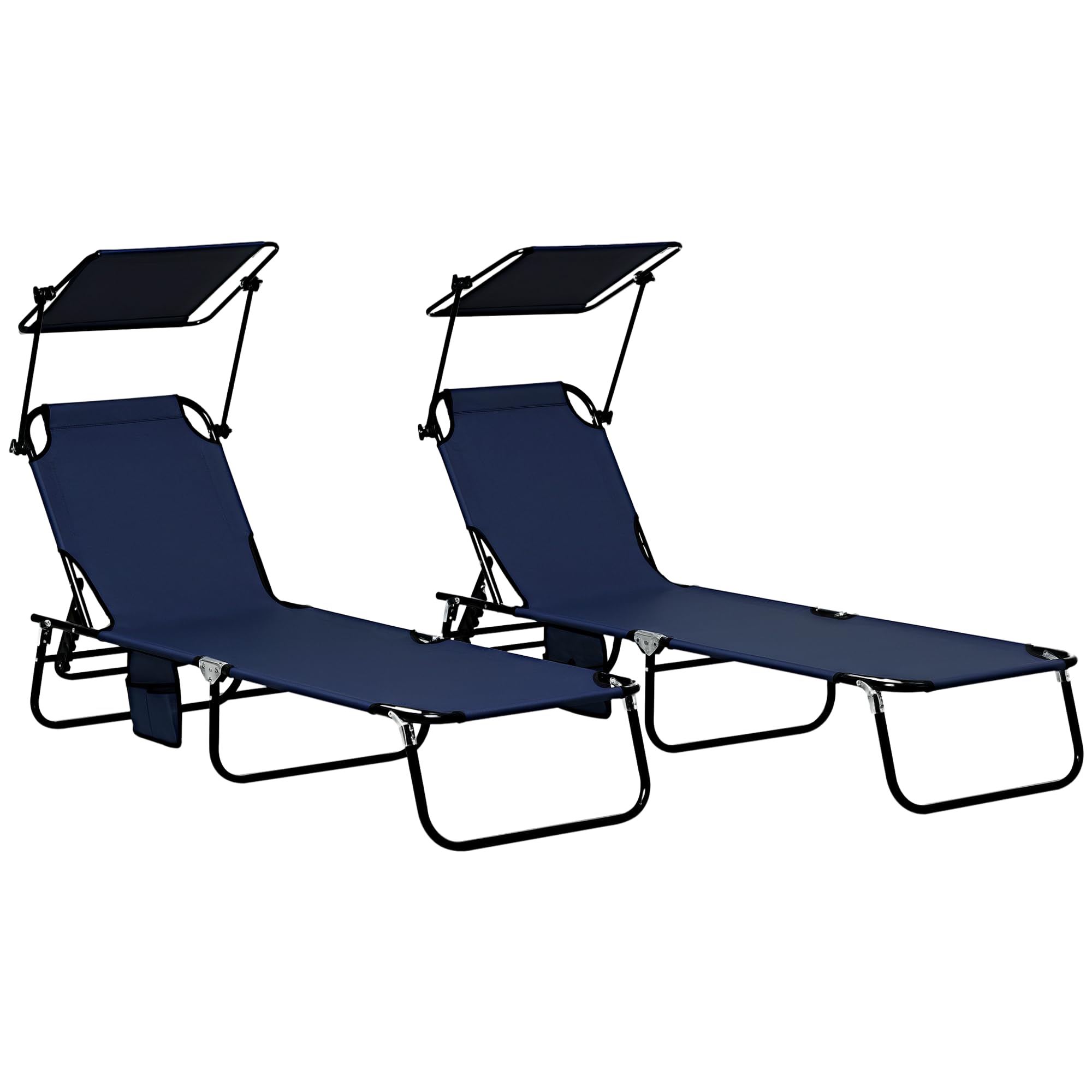 Outsunny 2 Piece Folding Sun Loungers with Canopy, Adjustable Recliner Garden Chairs with Side Pocket, Steel Frame and Breathable Mesh for Outdoor, Pool, Beach, Garden, Dark Blue
