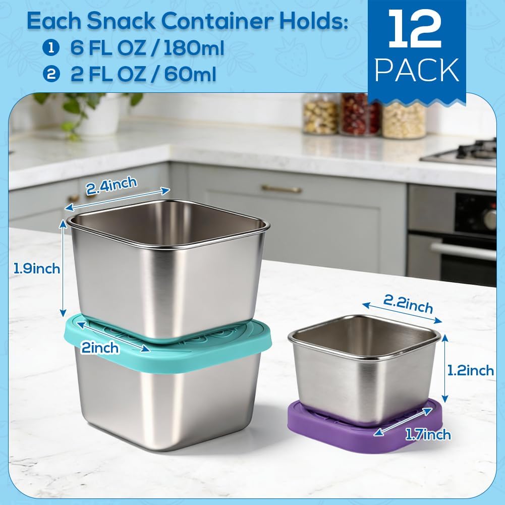 YQL 12-Pack 6oz Square Stainless Steel Snack Containers and 2oz Salad Dressing Containers, Reusable Food Storage with Colorful Silicone Lids for Travel, Meal Prep, Portion Control - Image 2