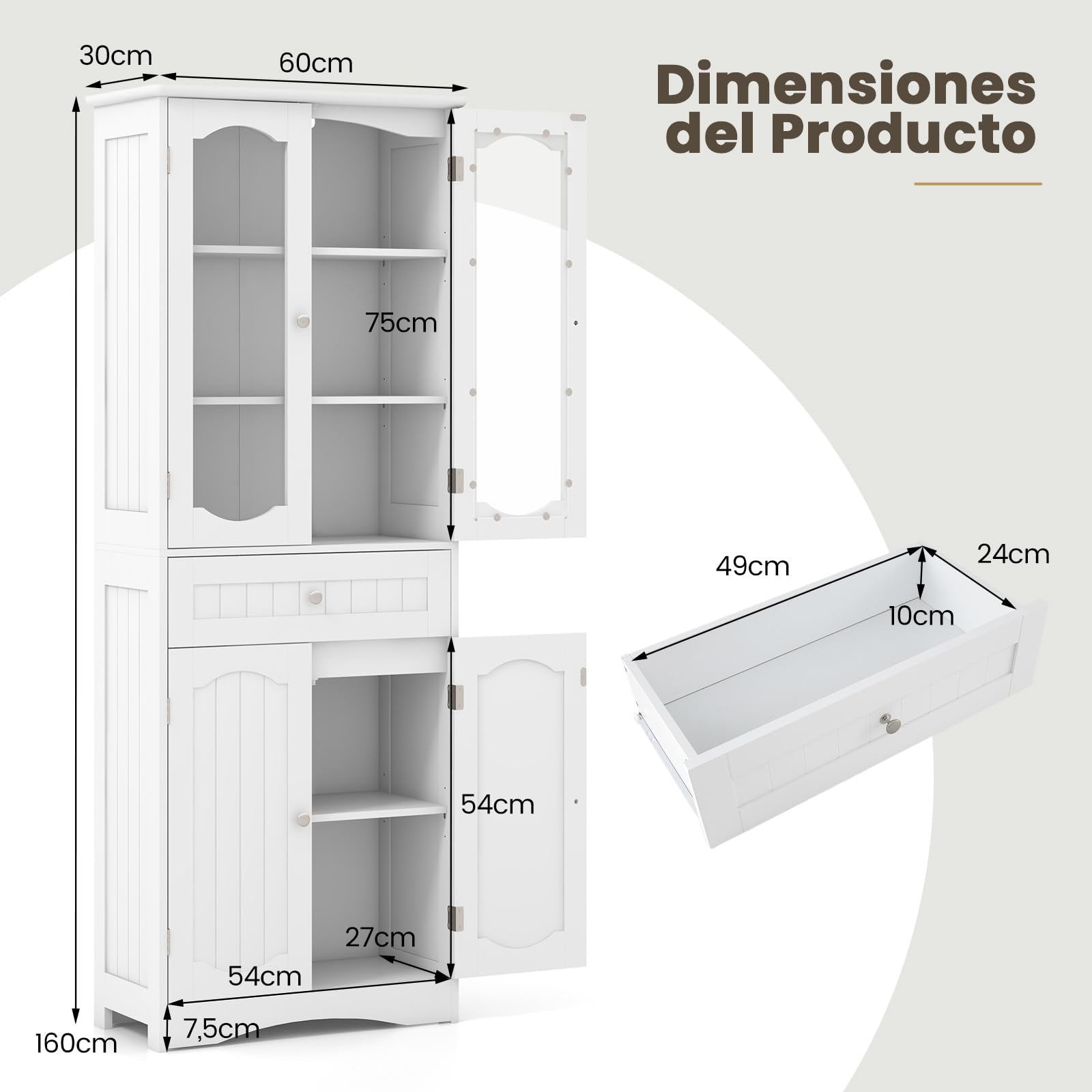 COSTWAY Armario Alto, Mueble Columna de Baño Independiente con 4 Puertas, Gabinete con 5 Estantes y 1 Cajón de Almacenamiento, Armario de Suelo para Cocina o Sala de Estar, Comedor, Oficina (Blanco)