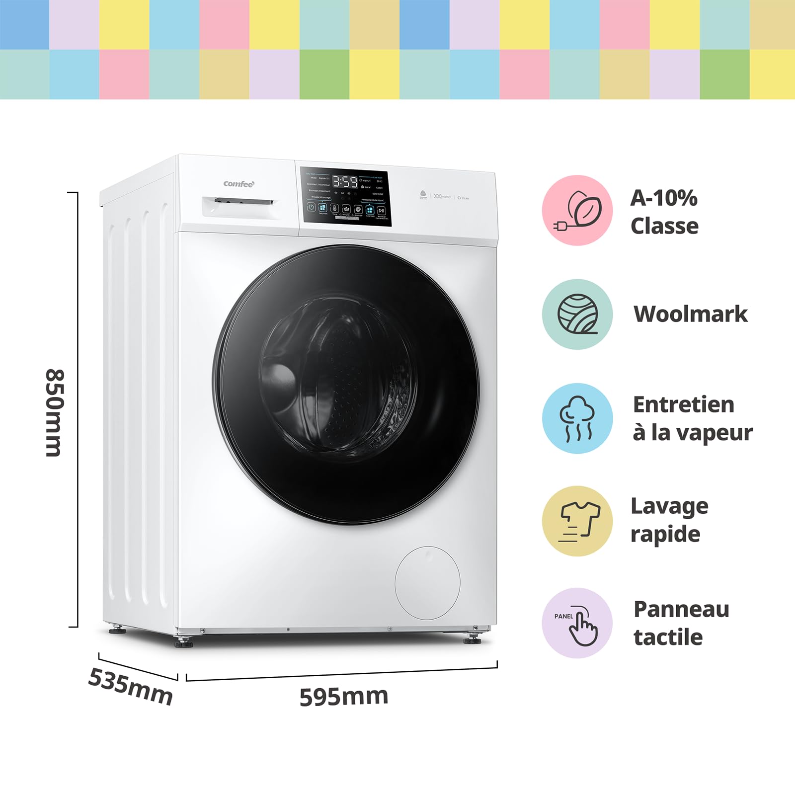 COMFEE' CFP03EW100W-FR Lave-linge autonome, Capacité 10KG, Classe A -10%, 12 programmes, Soin Vapeur, Moteur BLDC, Woolmark, Panneau Tactile, Blanc [Classe Énergétique A] [Energy Class A]