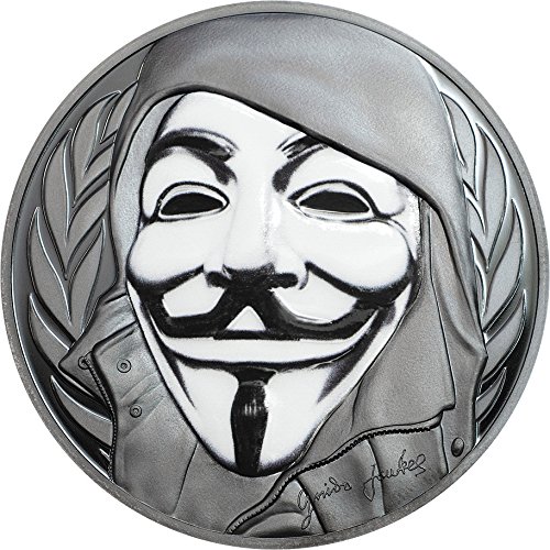 Guy Fawkes Mask Anonymous V for Vendetta 1 Oz Black Proof Silver Coin 5$ Cook Islands 2016