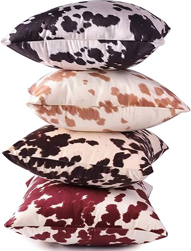 Miniatura 6 de Entua Fundas de Cojines Decorativos de Terciopelo, Funda de Cojín Cuadrada Decorativa Marrón, Estampado Animal de Piel de Vaca Suave y Lujosa para
