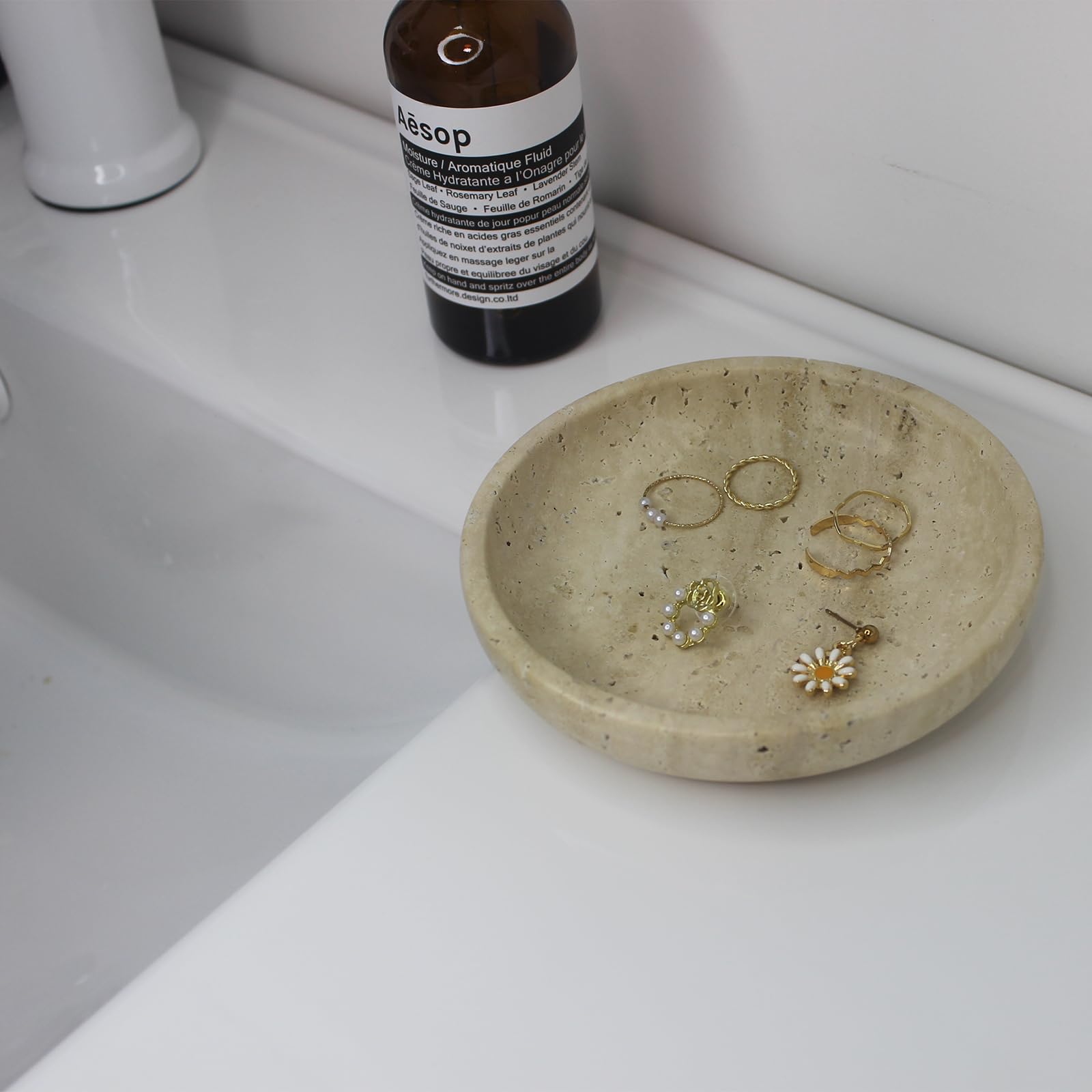 Nawgnail Plat à bijoux en marbre naturel travertin de 14 cm, plat à bijoux pour bague et boucles d'oreilles, cadeau pour femme, fille (travertin beige)