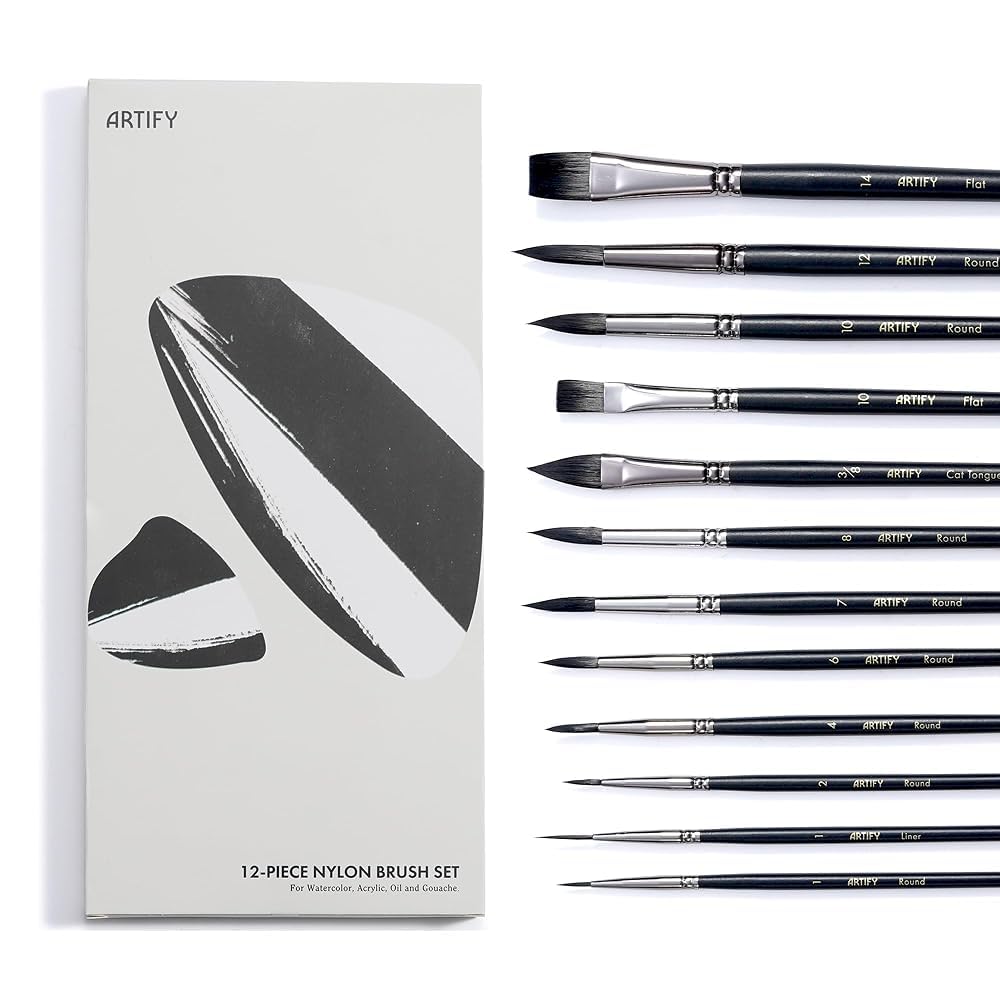 Artify 12Pcs Watercolour Brushes for Artists, Synthetic Watercolour Paint Brushes with Excellent Water Retention, Watercolour Brush for Gouache, Fluid Acrylic, Ink, Detail, Round, Flat, Liner