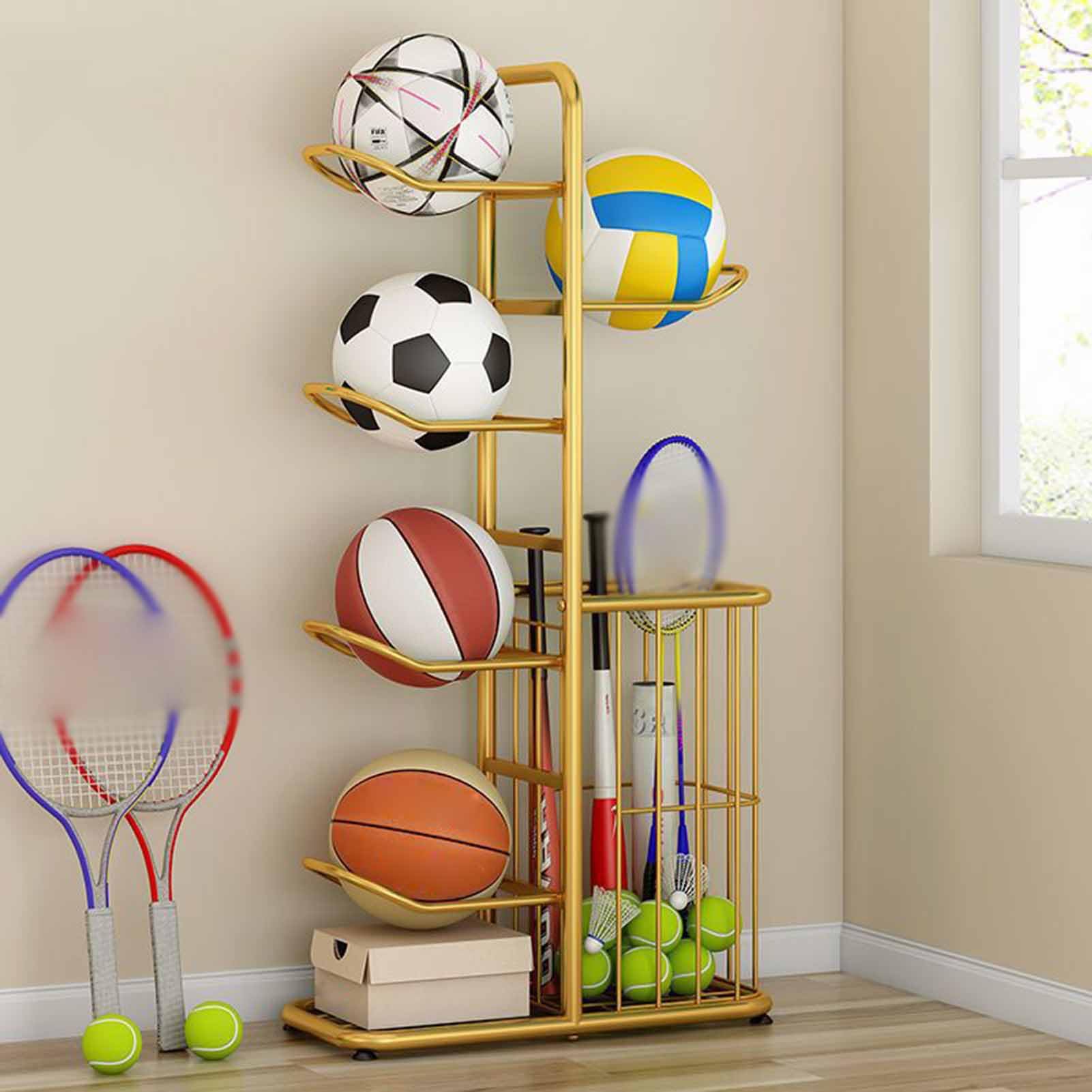 Support de rangement pour basket-ball vertical à 5 niveaux avec panier