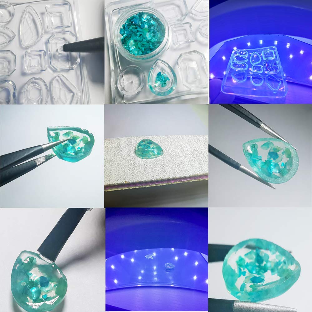 Resina UV Trasparente Kit 14 stampi per Pendenti Orecchini collane bracciali Anelli + pinzette Lampada + 48 Decorazioni Brillanti Conchiglie Glitter Fiori per creazione Gioielli Artigianali
