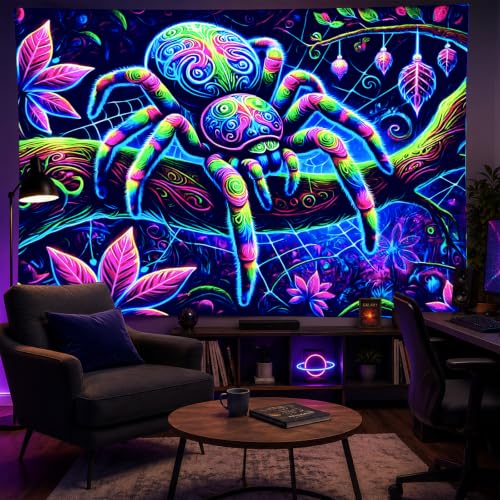 Image of BlissYard Neon Spider Forest Fantasy UV Black Light Tapestry 78x59 Inches Art Color Neon Light Background Bedroom Living Room Wall Party Decoration Psychedelic Web Nature Jungle Creepy Cool Decor