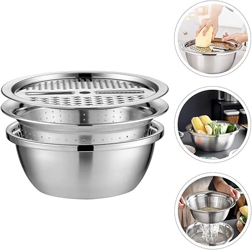 Miniatura 7 de Cuenco de lavado de granos 3 en 1 de acero inoxidable, cesta de drenaje de frutas y verduras, cortador de verduras, cesta de filtro de agua, cuenco