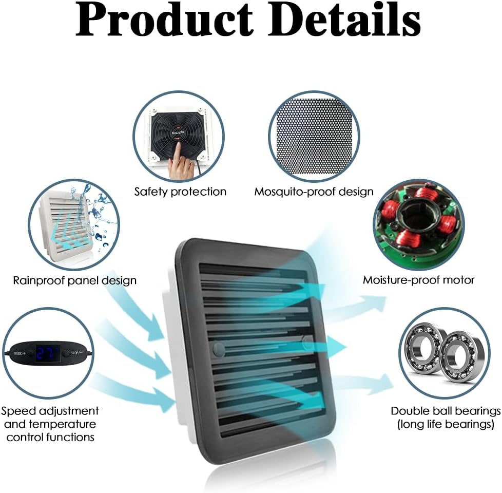12V RV Refrigerator Ventilation Fan - 16dB Ultra Quiet, 10-Speed Temperature control, IPX5 Waterproof, Daisy Chain Expandable - Fit Enclosed Trailers, Campers, Server Racks, Greenhouses