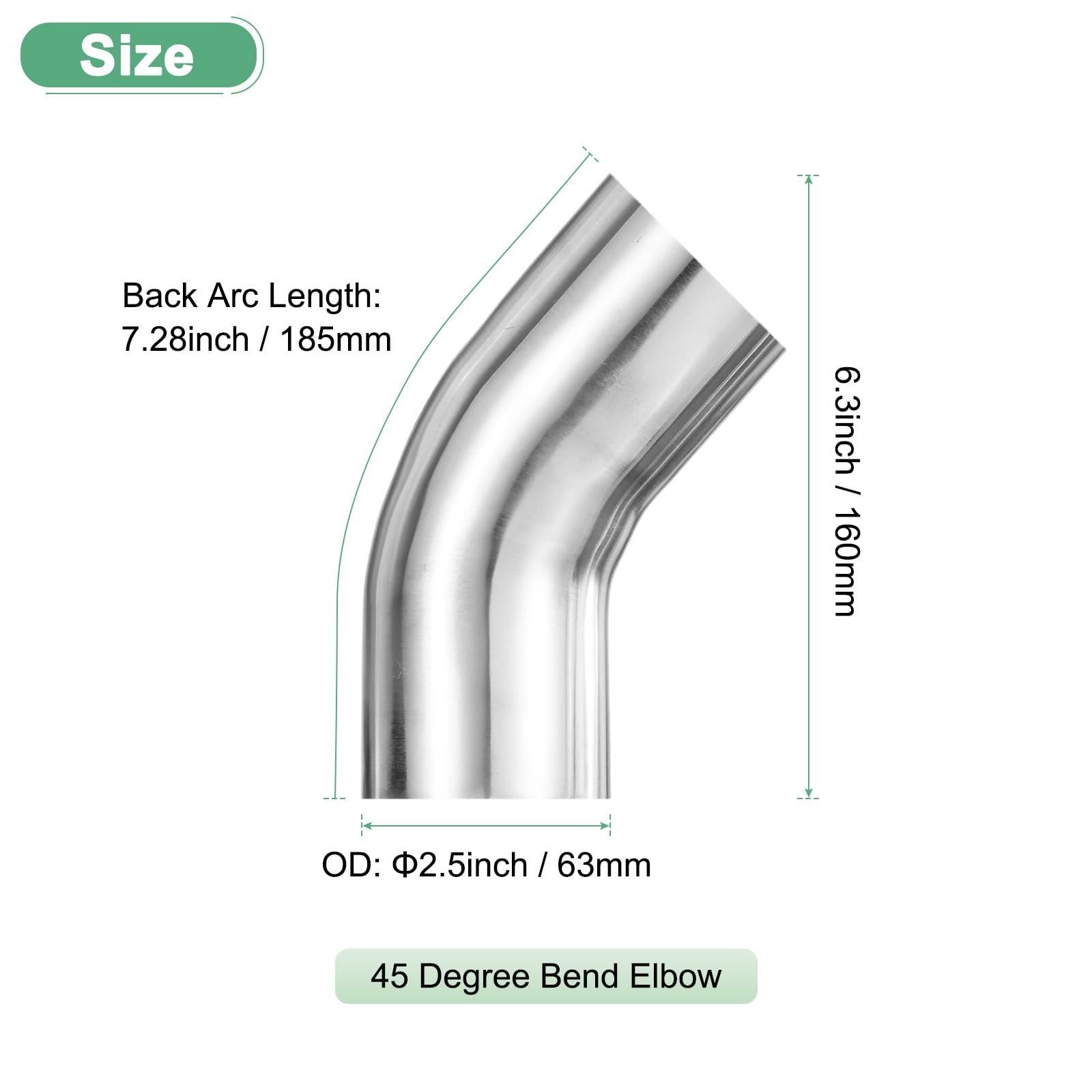 M METERXITY OD 2.5 Pollici Gomito A 45 Gradi Con Curva A Mandrino, Spessore 2 Mm Tubo Di Scarico In Acciaio Inox 304 Per Sistema Di Scarico Modificato Auto, Altezza 160 Mm