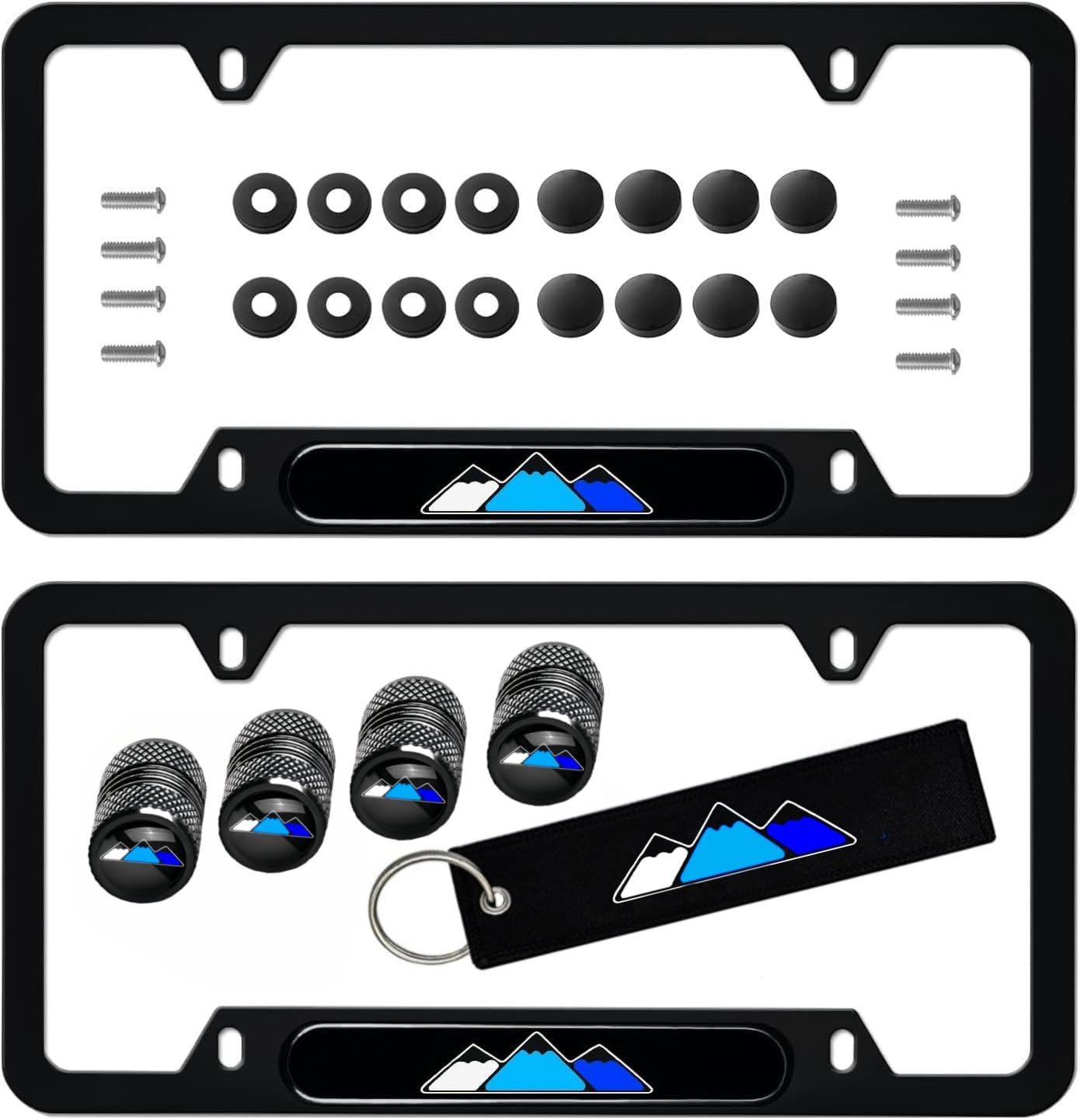 2Pcs 4x4off Road License Plate Frame with Screw Cap Valve Keychain Upgrade Your Car Durable Eye-Catching Design Compatible with Tacoma 4Runner Tundra Accessories (4 Mountain Blue)