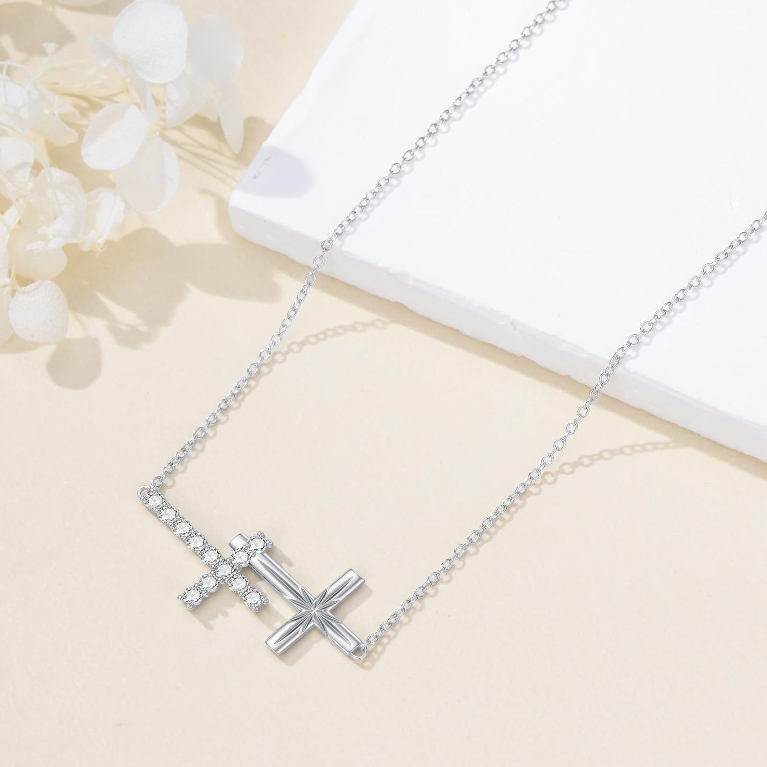 YAFEINI Double Cross Necklace Sterling Silver Sideways Crosses Necklace Double Cross Jewelry for Women