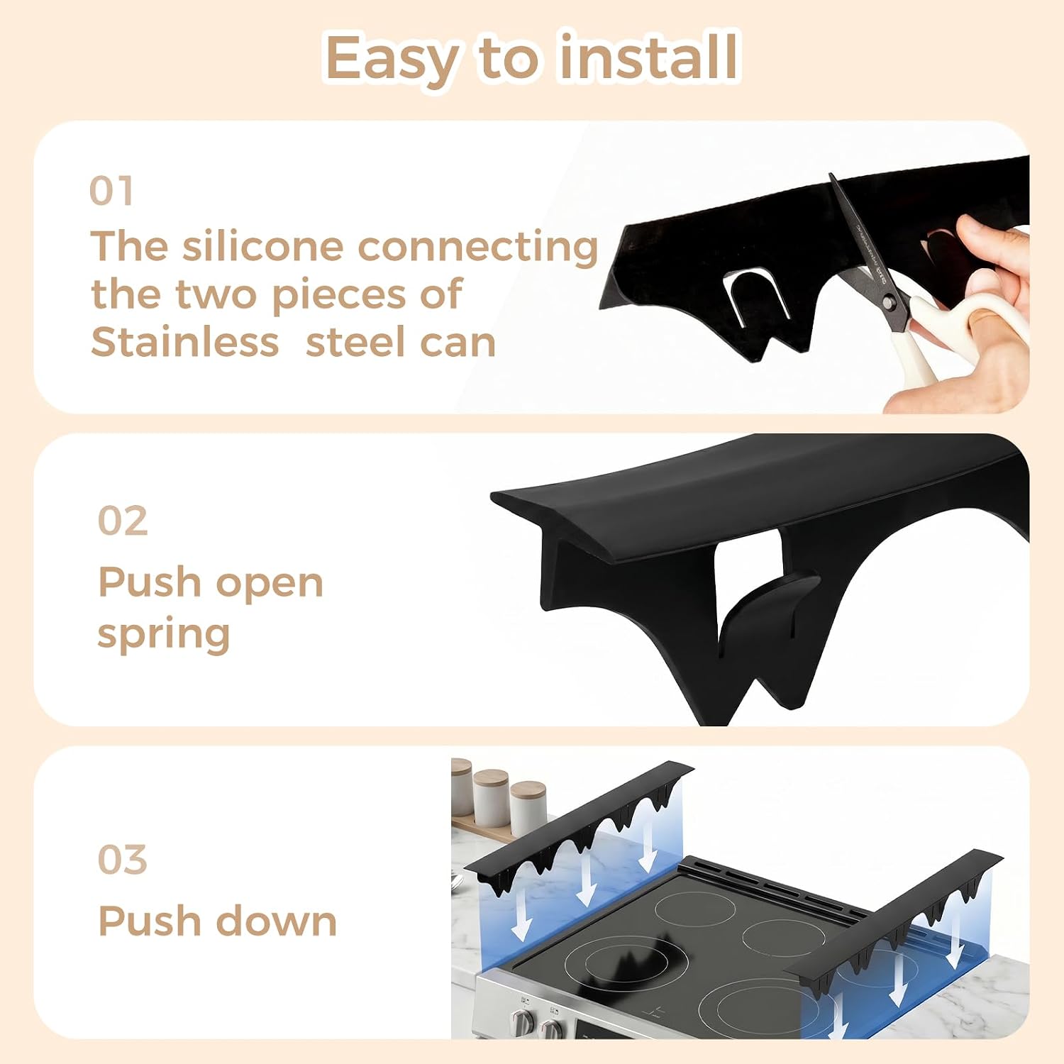 Silicone Stove Gap Covers with Stainless Steel, Oven Gap Filler Seals Gaps Between Stovetop and Counter, Stove Gap Guards Range Trim Kit, Easy to Clean Stove Gap Guard (Black 2 Pack,25")