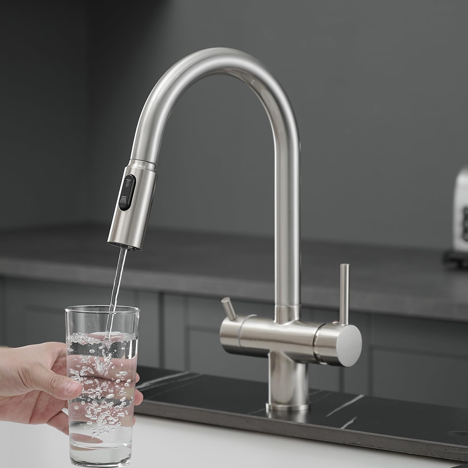 ZYCHSJXA Filter Tap 3 Way Tri-Flow Water Kitchen Sink Mixer Brushed Mode Rotatable Faucet
