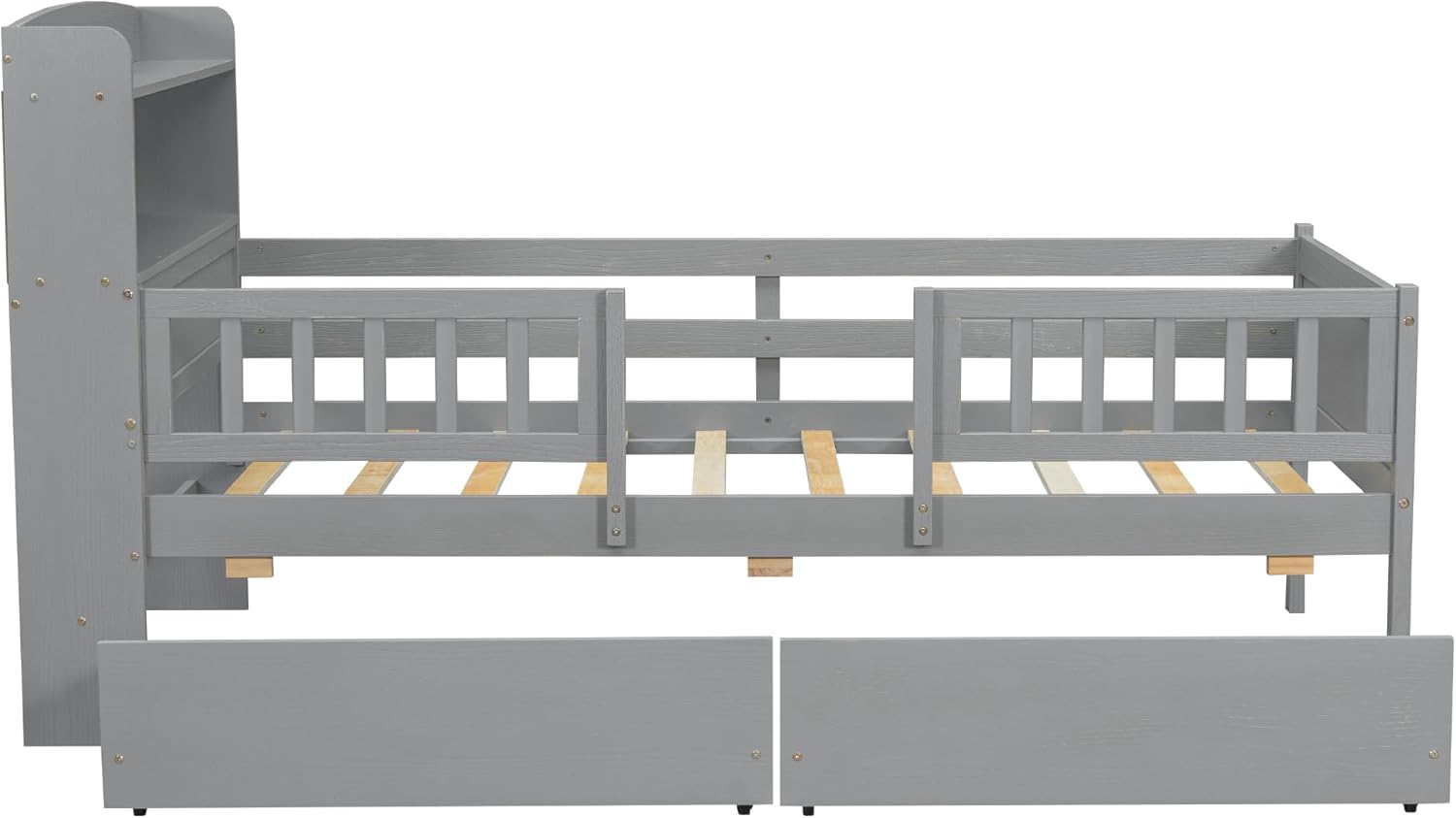 Twin Size Classic Wooden Platform Bed with Multi-Functional Headboard, Built-in LED Light, USB Charging Port and 2 Storage Drawers for Kids Teens Girls Boys Bedroom, No Box Spring Needed (Gray-04)