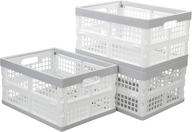 Zopnny 3 Packs 30 L Foldable Crate, Plastic Collapsible Storage Box, Stack Folding Crates Basket