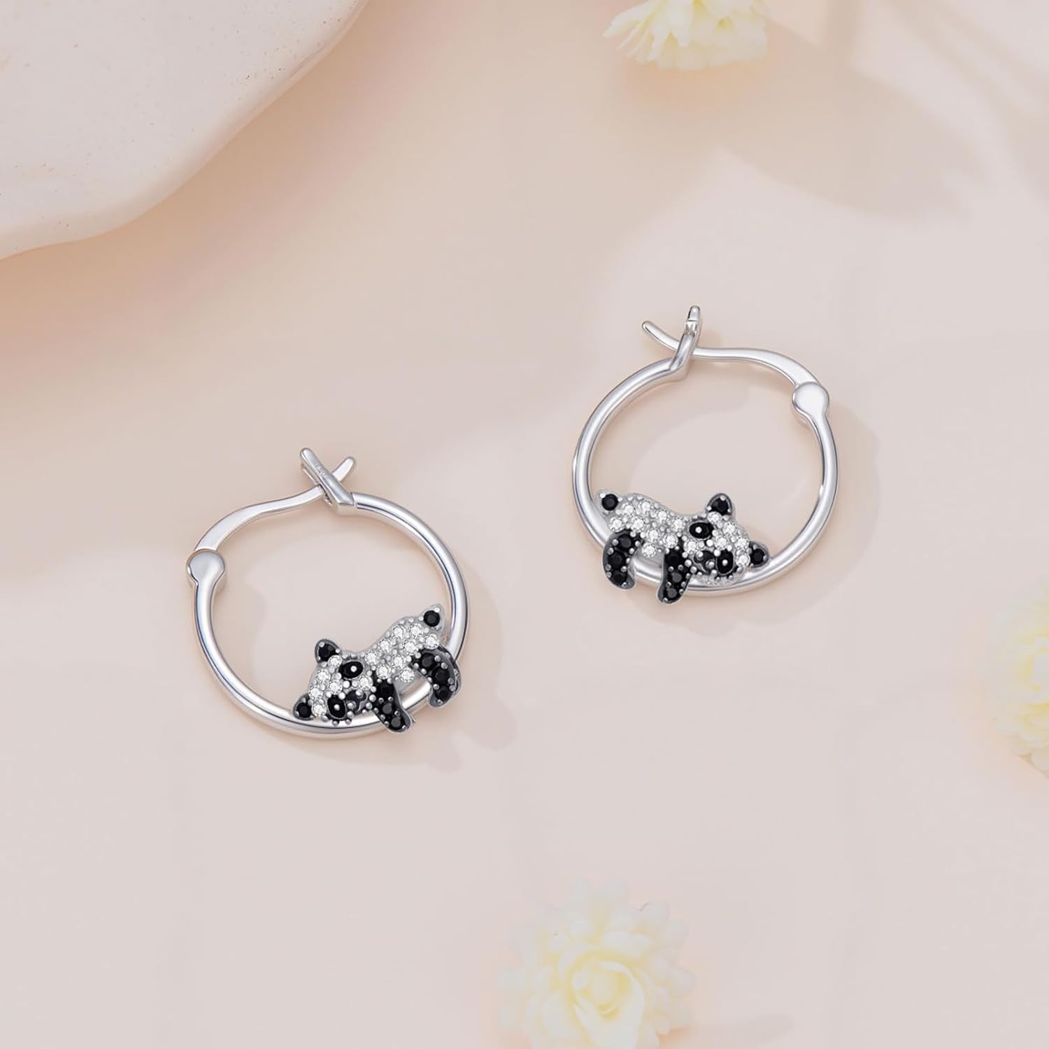 JUSTKIDSTOY Panda Earrings 925 Sterling Silver Hypoallergenic Cute Animal Huggie Hoop Earrings Jewelry Gifts for Women Daughter (A-Panda Cubic zirconia)