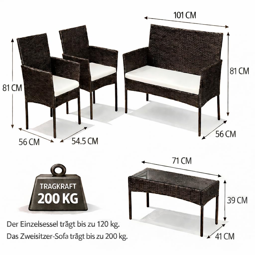 Juego de muebles de jardín de polirratán, muebles de balcón, 7 piezas, incluye sofá, sillas individuales, mesa y cojines de asiento, muebles de terraza para balcón, jardín (marrón)