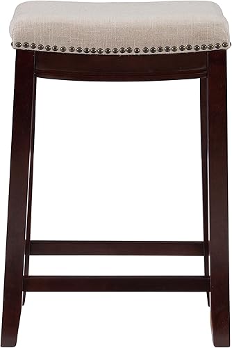 Miniatura 10 de Linon Taburete Claridge sin respaldo de lino, altura de mostrador, beige y nogal oscuro