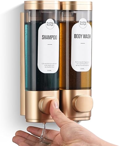 Dispensador de champú y acondicionador, dispensadores de jabón de ducha recargables, 2 cámaras, sin taladro, dispensador de champú para ducha