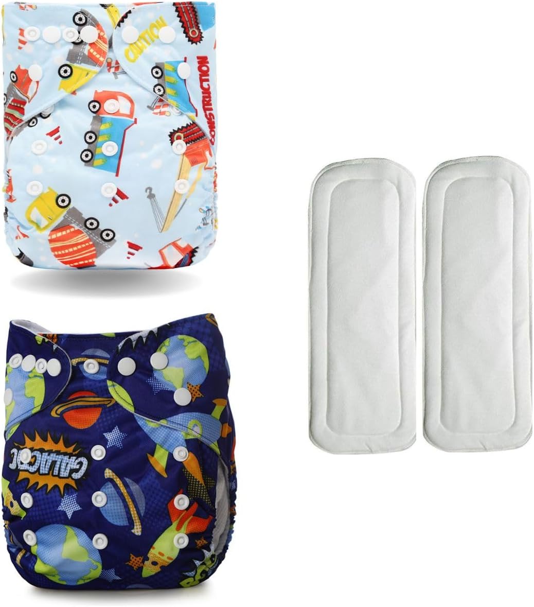MOPPETS Leakage-proof advanced cloth diapers for babies, High Absorbent 2 reusable diaper and 2 insert pad Combo Pack washable cloth diaper 3M -3Years (BOYS PRINTS)