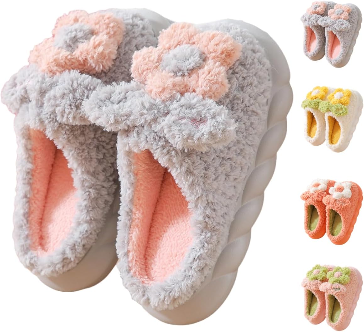 Flower Slipper Women Fuzzy House Slippers Indoor Fluffy Thick Plush Winter Warm Bedroom Shoes Non-slip