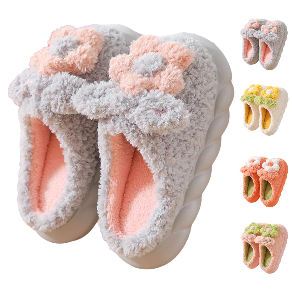 Flower Slipper Women Fuzzy House Slippers Indoor Fluffy Thick Plush Winter Warm Bedroom Shoes Non-slip