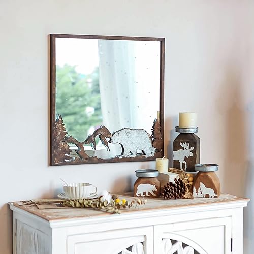 Miniatura 4 de Espejo de pared de cabaña, espejo rústico de animales salvajes, espejo cuadrado decorativo de granja con marco de metal envejecido para decoración