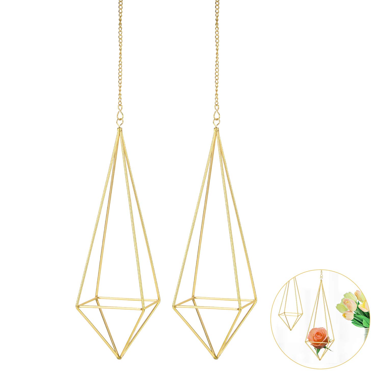 2 Packs Hanging Air Plant Holder Mini Metal Tabletop Himmeli Decor Modern Geometric Planter Tillandsia Air Fern Display Stand for Home, Office and Wedding Gift Idea (Gold)