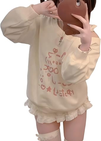 Off The Shoulder Tops Teens Cute Sweatshirts Early Fall Fashion Cutecore Printed Graphic Hoodies Kawaii Clothes