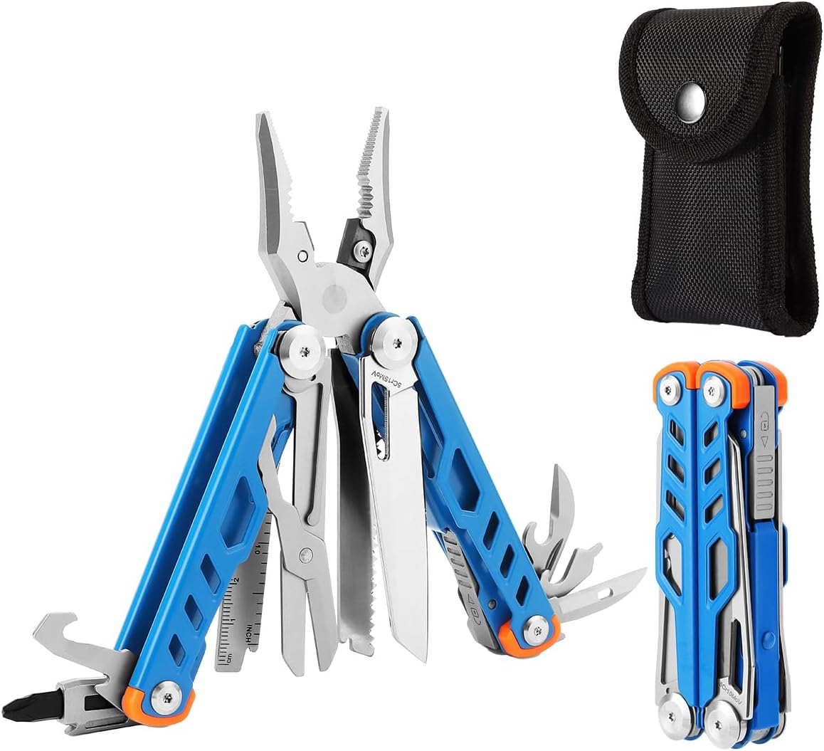 Multitool 15-in-1 Stainless Steel Multi Tool Pliers with Knife, Spring-Action Pliers and Scissors, Multitool for Survival, Camping, Hiking, Gifts for Men (Blue)